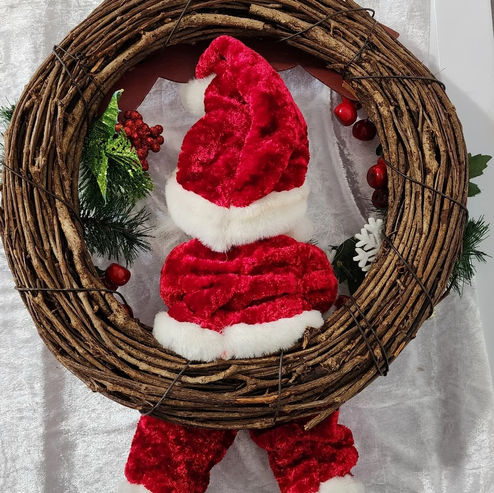 Festive Santa Holiday Wreath with Red and Green Accents Christmas Cottagecore
